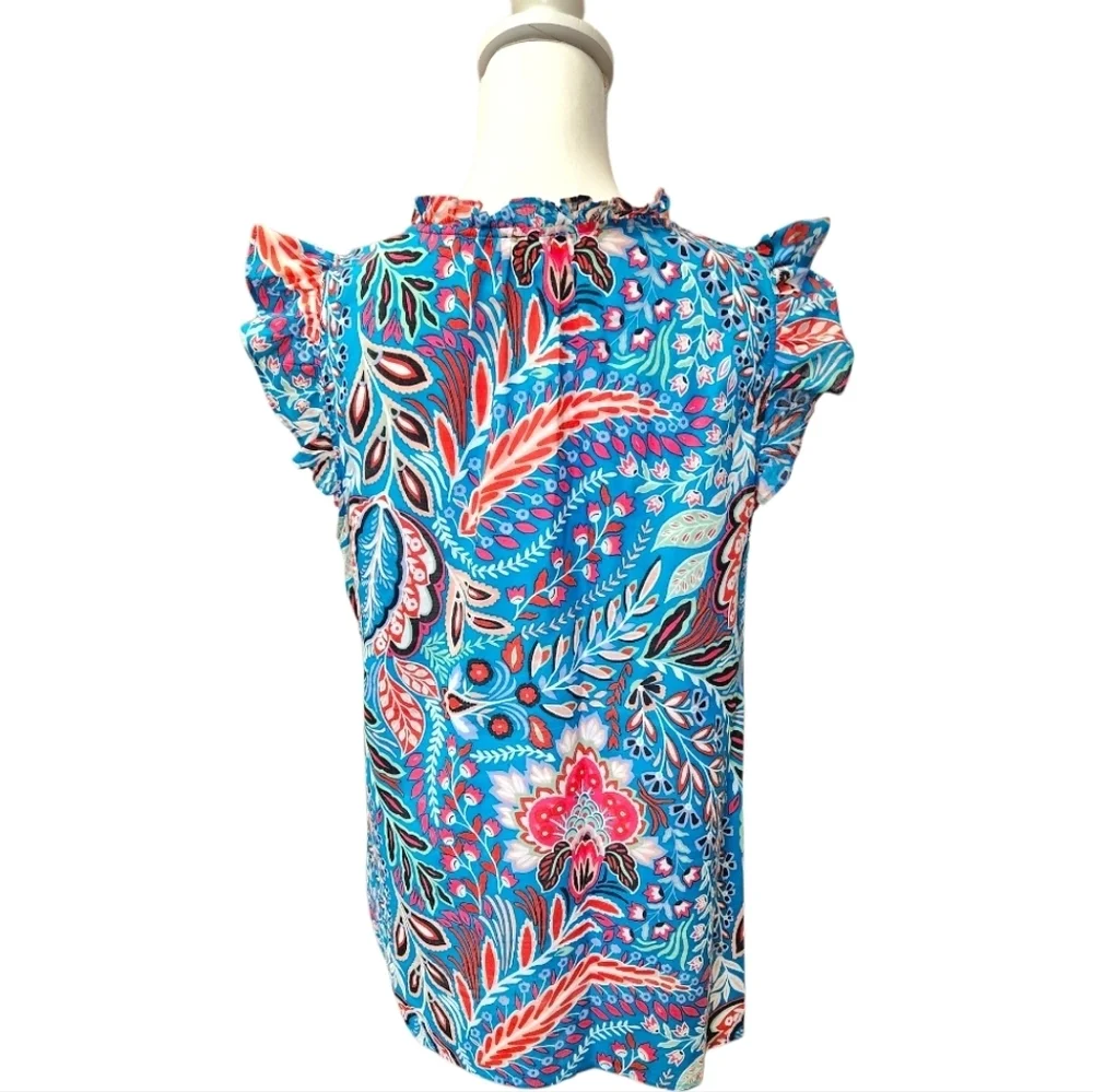 Talbots Botanical Paisley Ruffle Trim Shell Teal Turquoise Pink Floral, Medium - Picture 8 of 13